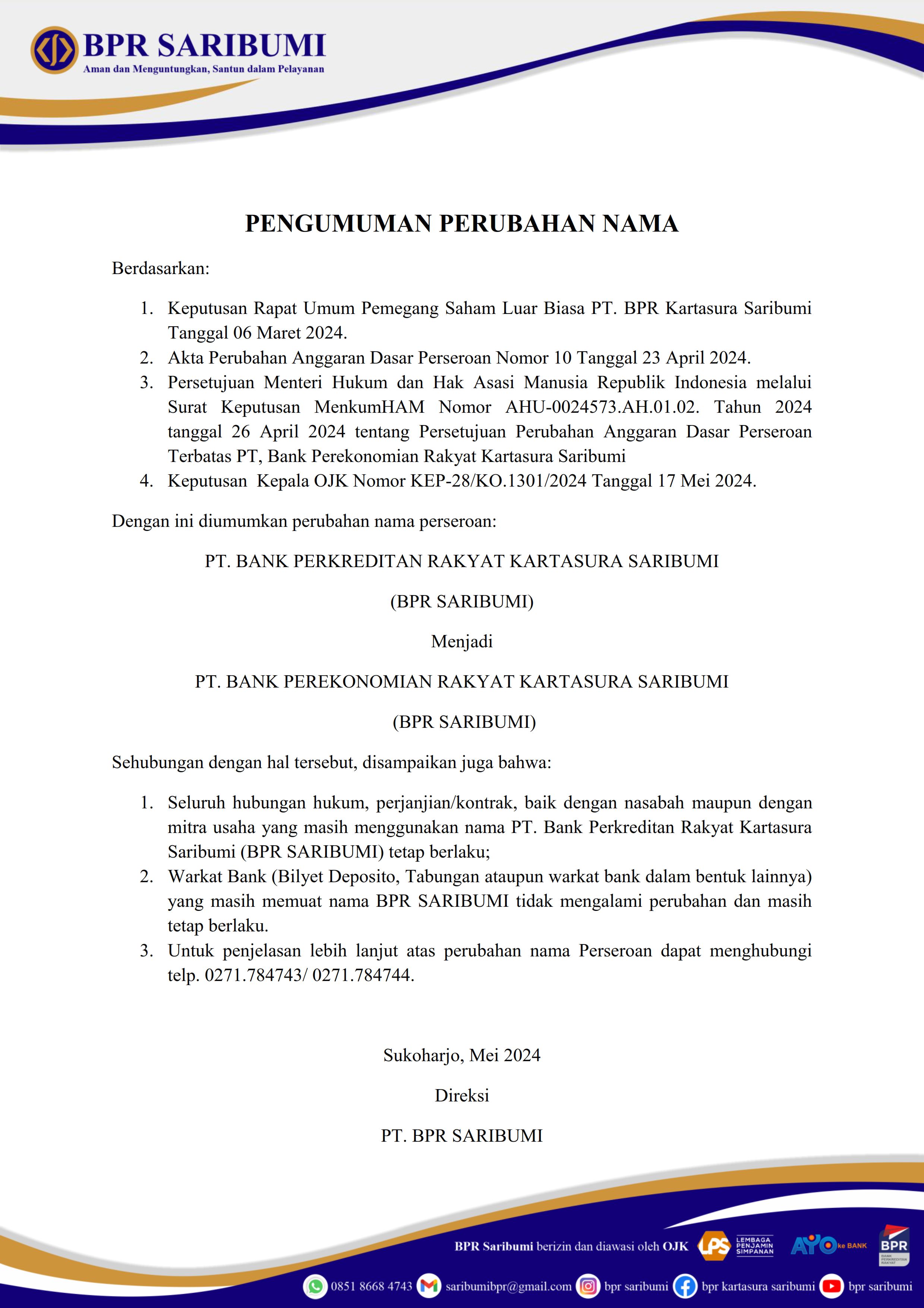 PENGUMUMAN PERUBAHAN NAMA